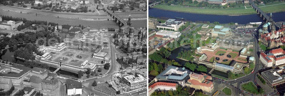 Aerial image Dresden - / 18.10.1997 Zeitenwandel mit Blick auf die historische Altstadt von Dresden auf der linken Seite der Elbe. Auf der rechten Seite das Taschenbergpalais und des Dresdner Schloß, dem ehemaligen Residenzschloß des sächsischen Kurfürsten. Gegenüber der Dresdner Zwinger und daneber der Theaterplatz mit der Semperoper. An der Augustusbrücke über die Elbe liegt die Katholische Hofkirche. Im Hintergrund die linkselbische Neustadt.