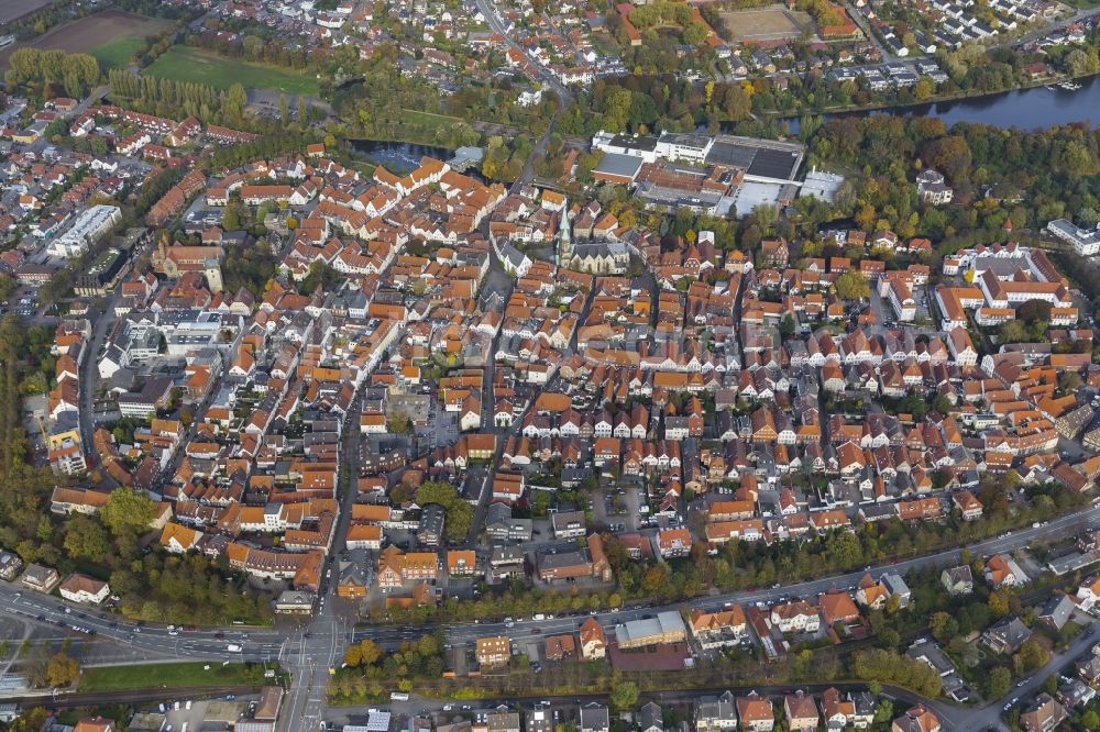 Aerial image Warendorf - Historic Old Town Market Square and St. Lawrence Church in Warendorf in North Rhine-Westphalia