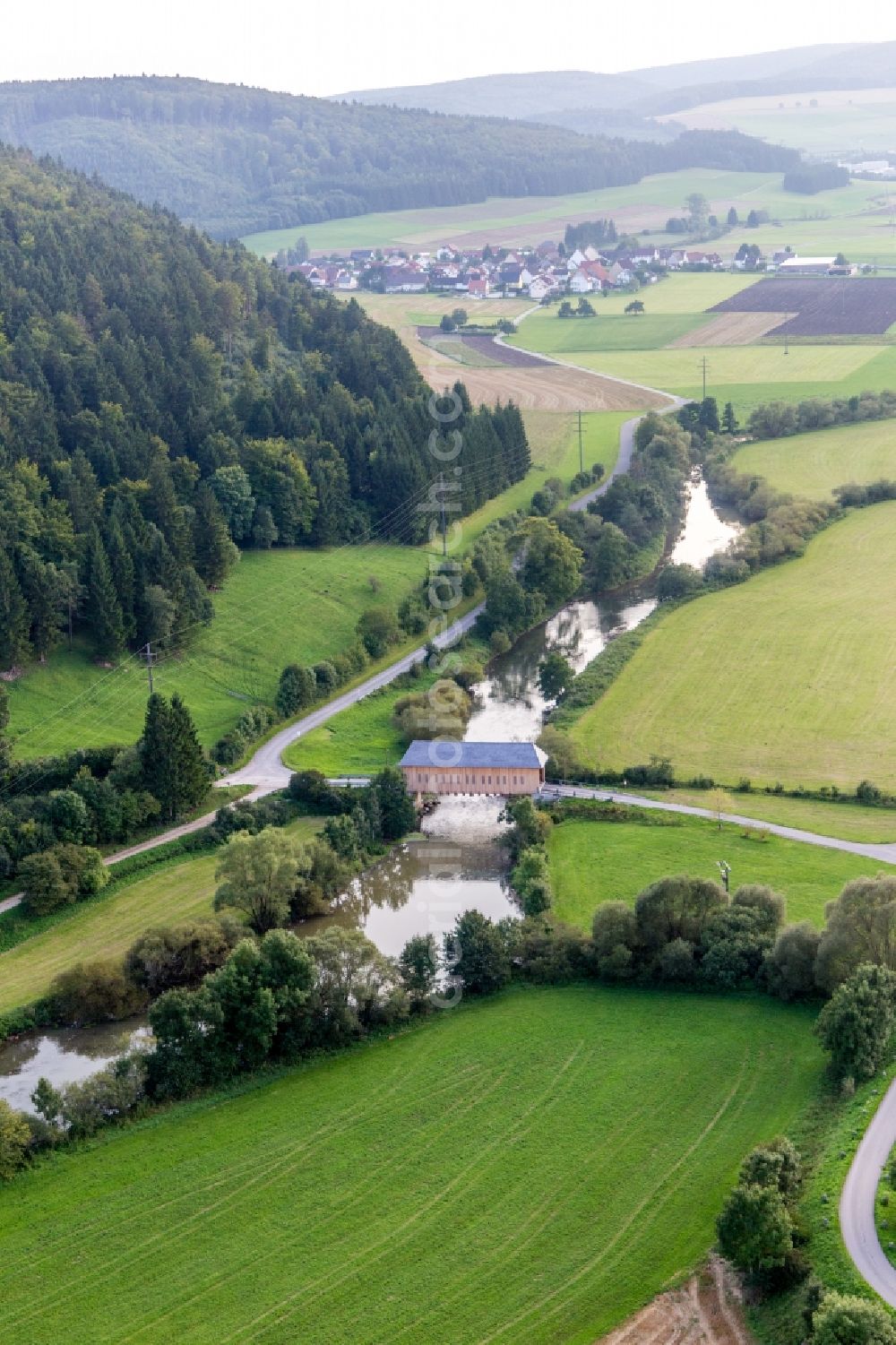 Aerial image Zimmern - Historic covered bridge crossing the Danube in Zimmern in the state Baden-Wurttemberg, Germany