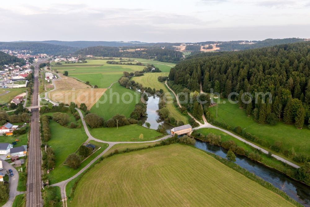 Zimmern from above - Historic covered bridge crossing the Danube in Zimmern in the state Baden-Wurttemberg, Germany