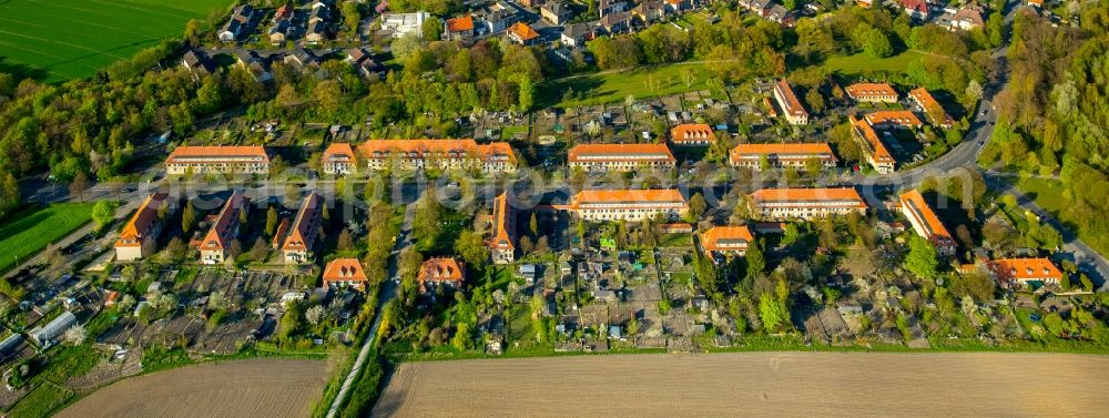 Aerial photograph Hamm - Historical mining workers settlement and residential area Vogelsang in the Heessen part of Hamm in the state of North Rhine-Westphalia