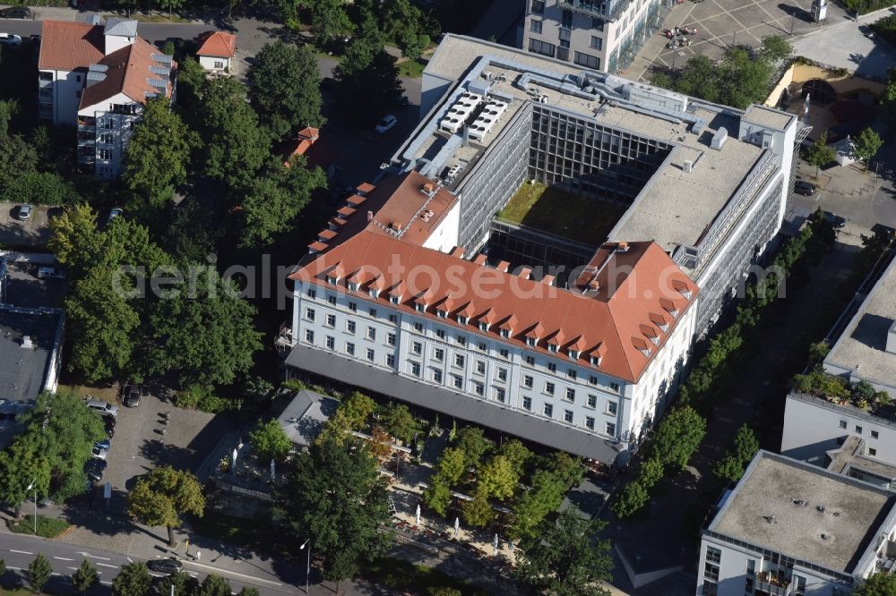 Dresden from above - Historical brewery Waldschloesschen Brauerei in the Radeberger Vorstadt part of Dresden in the state of Saxony. The brewery is the most distinct building of the Waldschloesschen area and is home to offices in its extension building