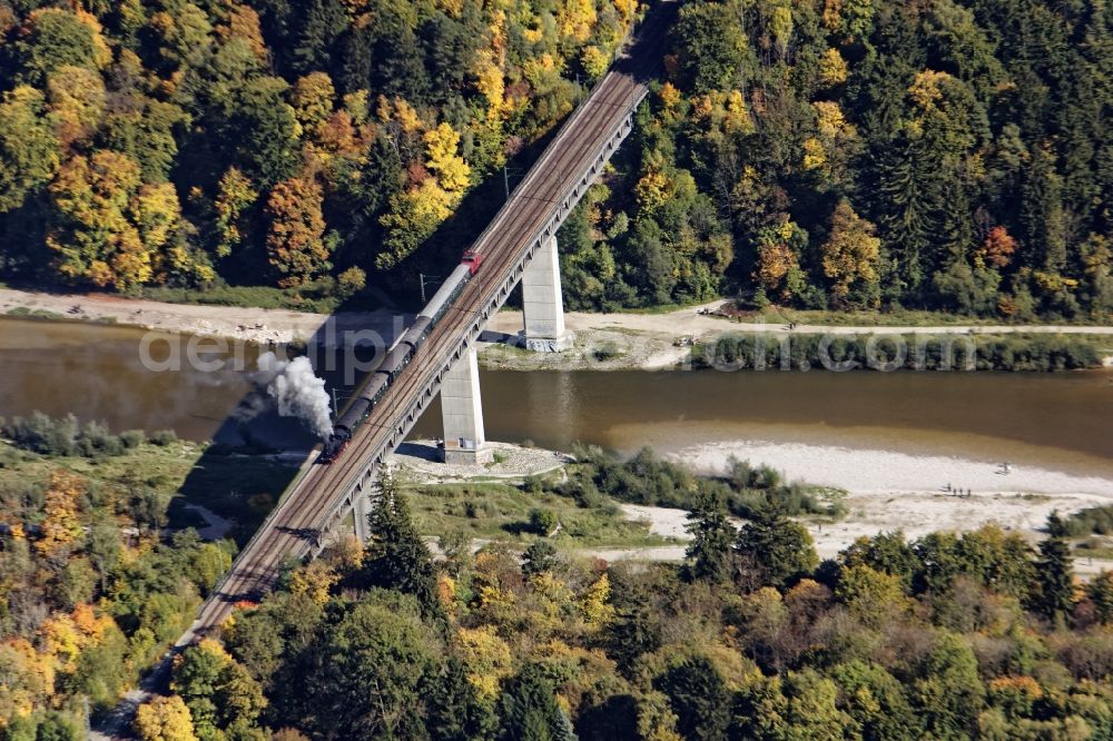 Aerial image Pullach im Isartal - Ancient electric train and steam train on the Grosshesseloher Bruecke in Pullach im Isartal in the state Bavaria