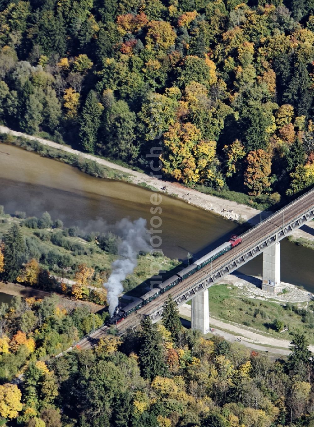 Pullach im Isartal from above - Ancient electric train and steam train on the Grosshesseloher Bruecke in Pullach im Isartal in the state Bavaria