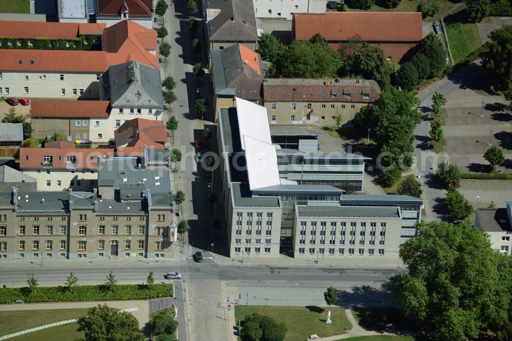 Neustrelitz from above - Historic buildings on the Northern edge of the castle park in Neustrelitz in the state of Mecklenburg - Western Pomerania. The historic buildings are located along Schlossstrasse in the South of the town centre