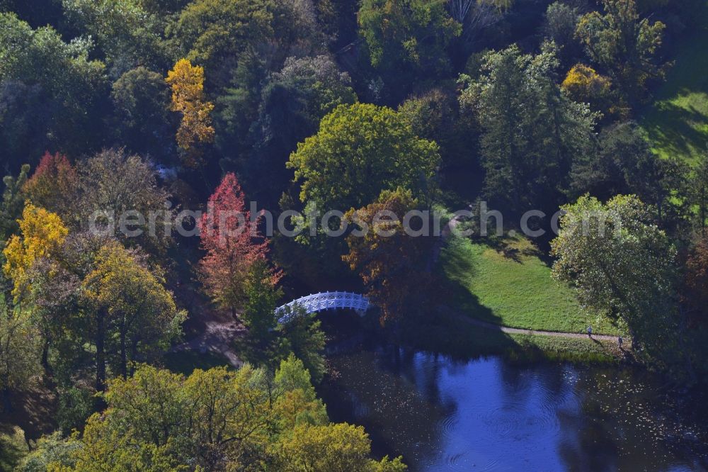 Wörlitz from above - Historic wooden bridge in the UNESCO Cultural Heritage Park of Dessau-Woerlitz Garden Kingdom in Woerlitz in Saxony-Anhalt