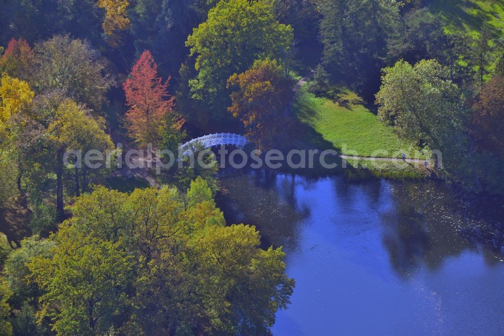 Wörlitz from the bird's eye view: Historic wooden bridge in the UNESCO Cultural Heritage Park of Dessau-Woerlitz Garden Kingdom in Woerlitz in Saxony-Anhalt