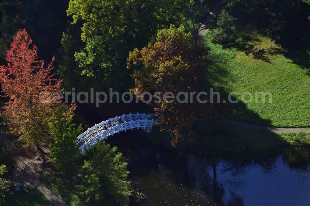 Aerial image Wörlitz - Historic wooden bridge in the UNESCO Cultural Heritage Park of Dessau-Woerlitz Garden Kingdom in Woerlitz in Saxony-Anhalt