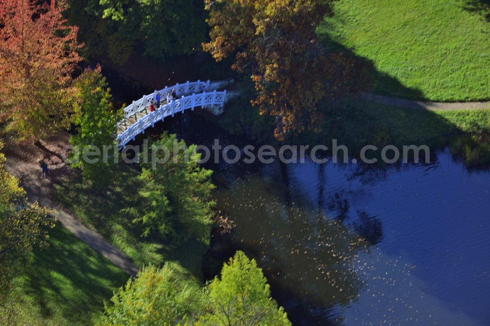 Wörlitz from above - Historic wooden bridge in the UNESCO Cultural Heritage Park of Dessau-Woerlitz Garden Kingdom in Woerlitz in Saxony-Anhalt