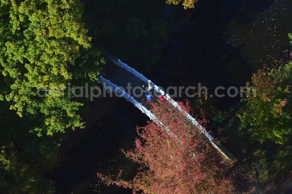 Wörlitz from the bird's eye view: Historic wooden bridge in the UNESCO Cultural Heritage Park of Dessau-Woerlitz Garden Kingdom in Woerlitz in Saxony-Anhalt