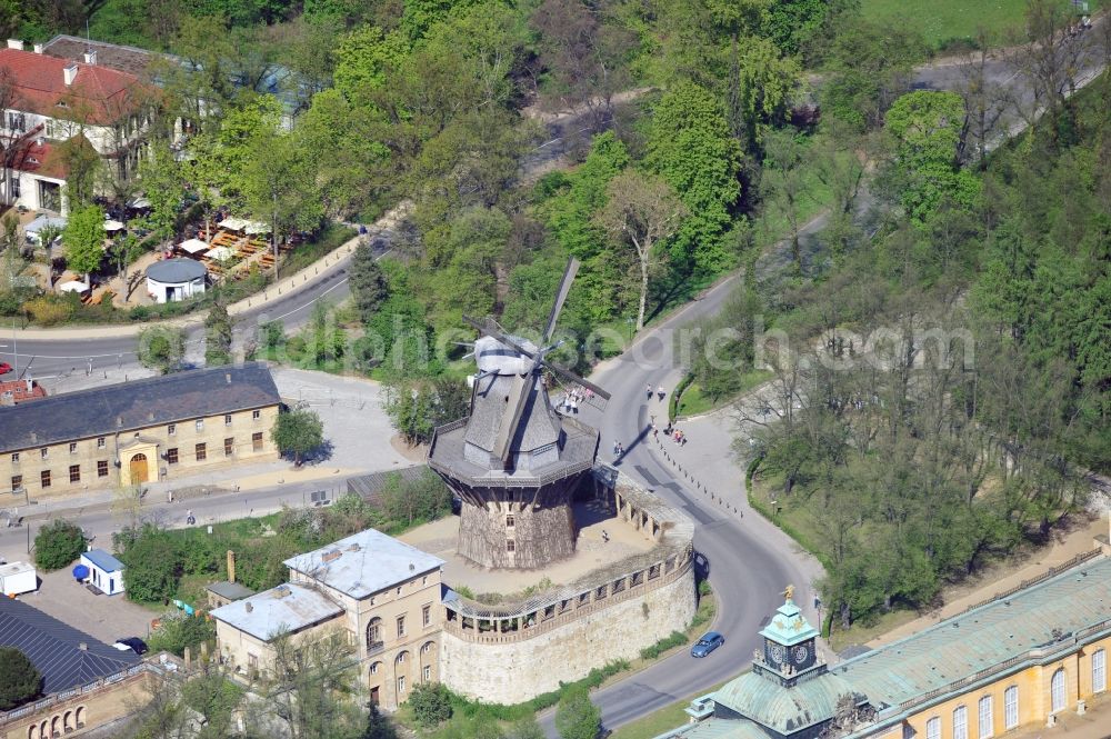 Aerial image Potsdam - View the historic mill on the Maulbeeralle at Sanssouci Park