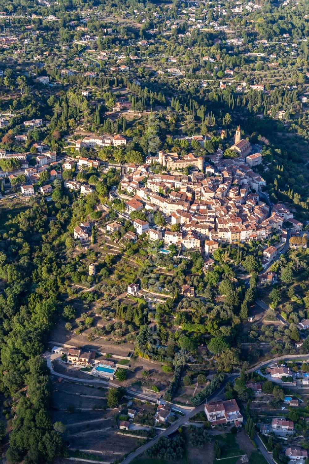 Aerial image Montauroux - Town View of the streets and houses of the residential areas in Montauroux in Provence-Alpes-Cote d'Azur, France