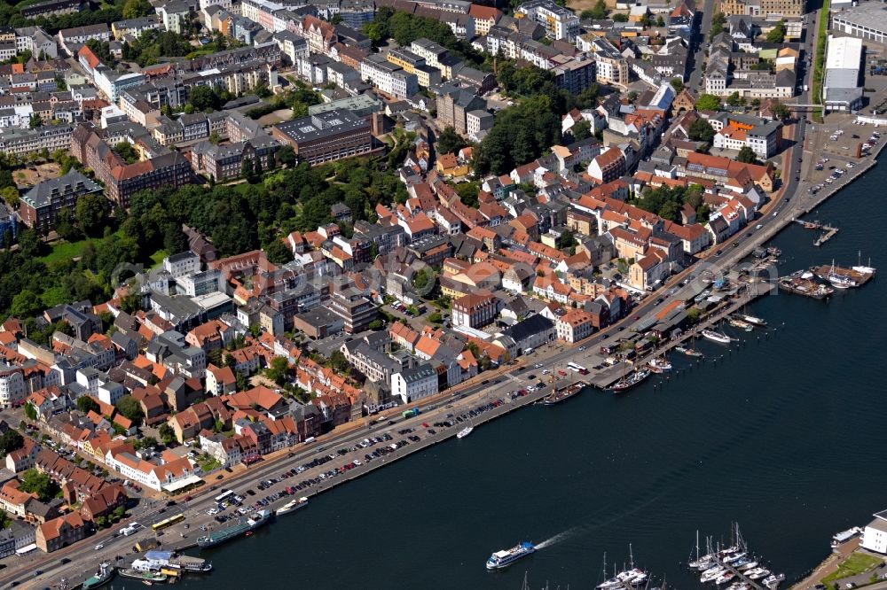Flensburg from above - Historical sailing ships in the harbour in Flensburg in the federal state Schleswig - Holstein, Germany