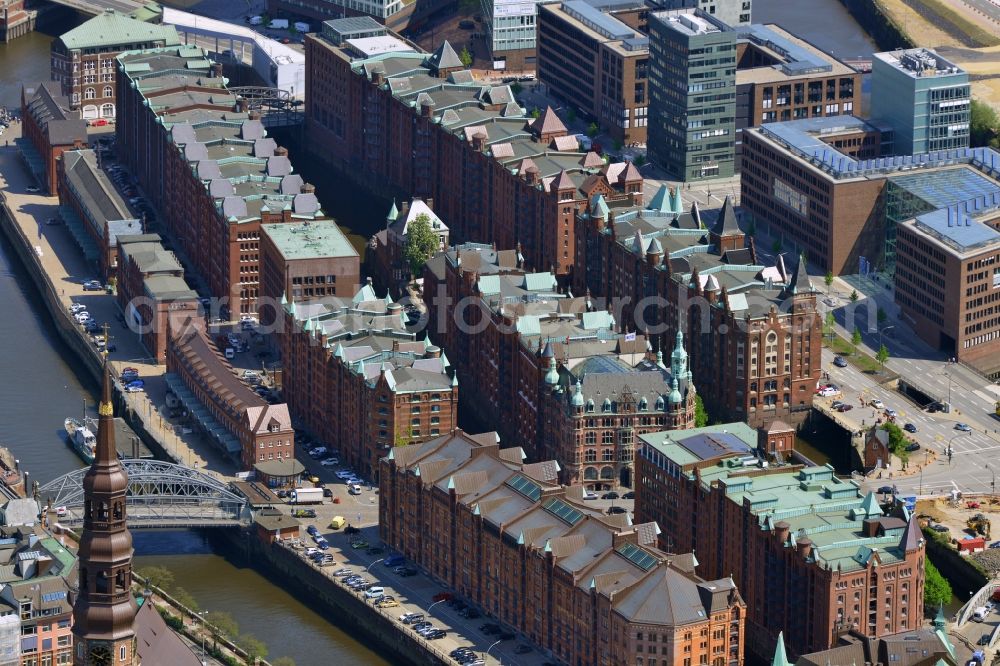 Hamburg from above - City view of Speicherstadt on the banks of the Elbe River in Hamburg