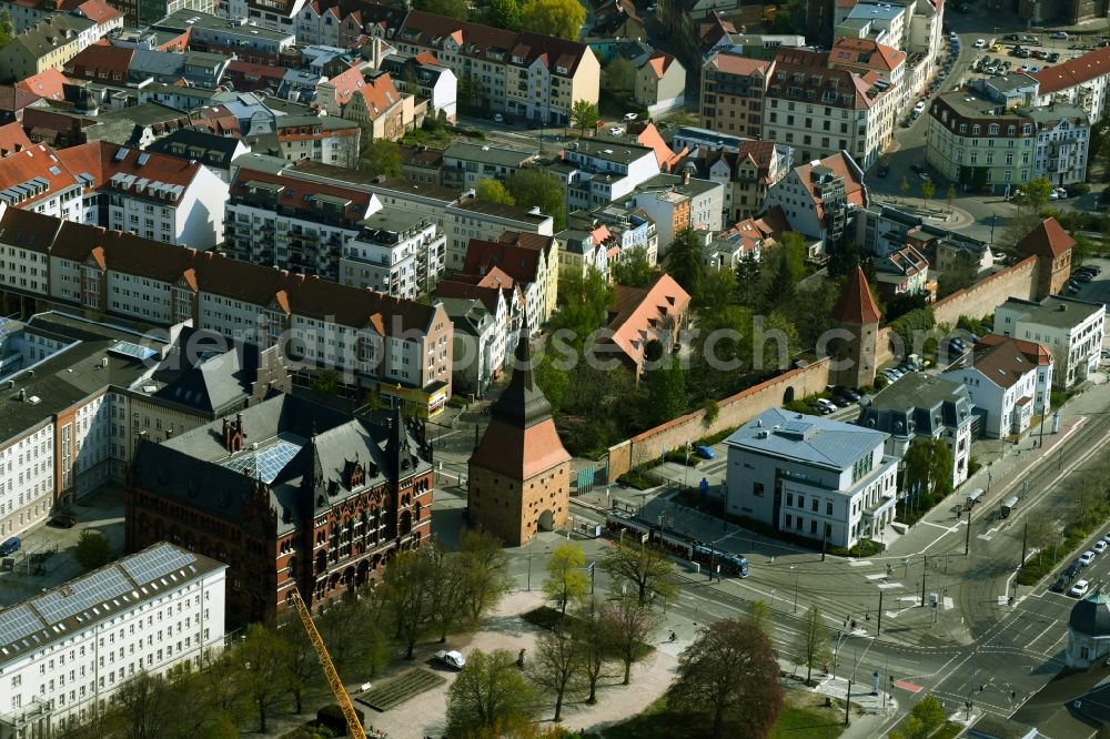 Rostock from above - Former, historic city wall with towers and stone gate parallel to Ernst-Barlach-Strasse in Rostock in the state Mecklenburg-Western Pomerania, Germany