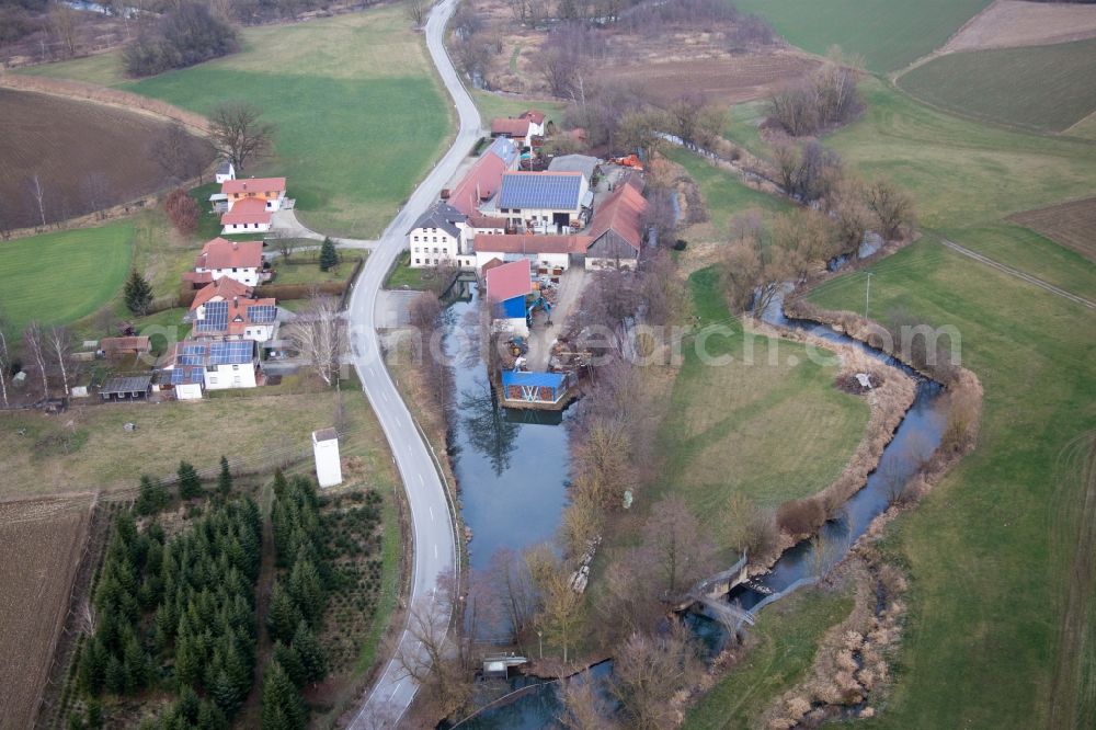 Aerial photograph Triftern - Historic windmill on a farm homestead on the edge of cultivated fields in the district Anzenkirchen in Triftern in the state Bavaria