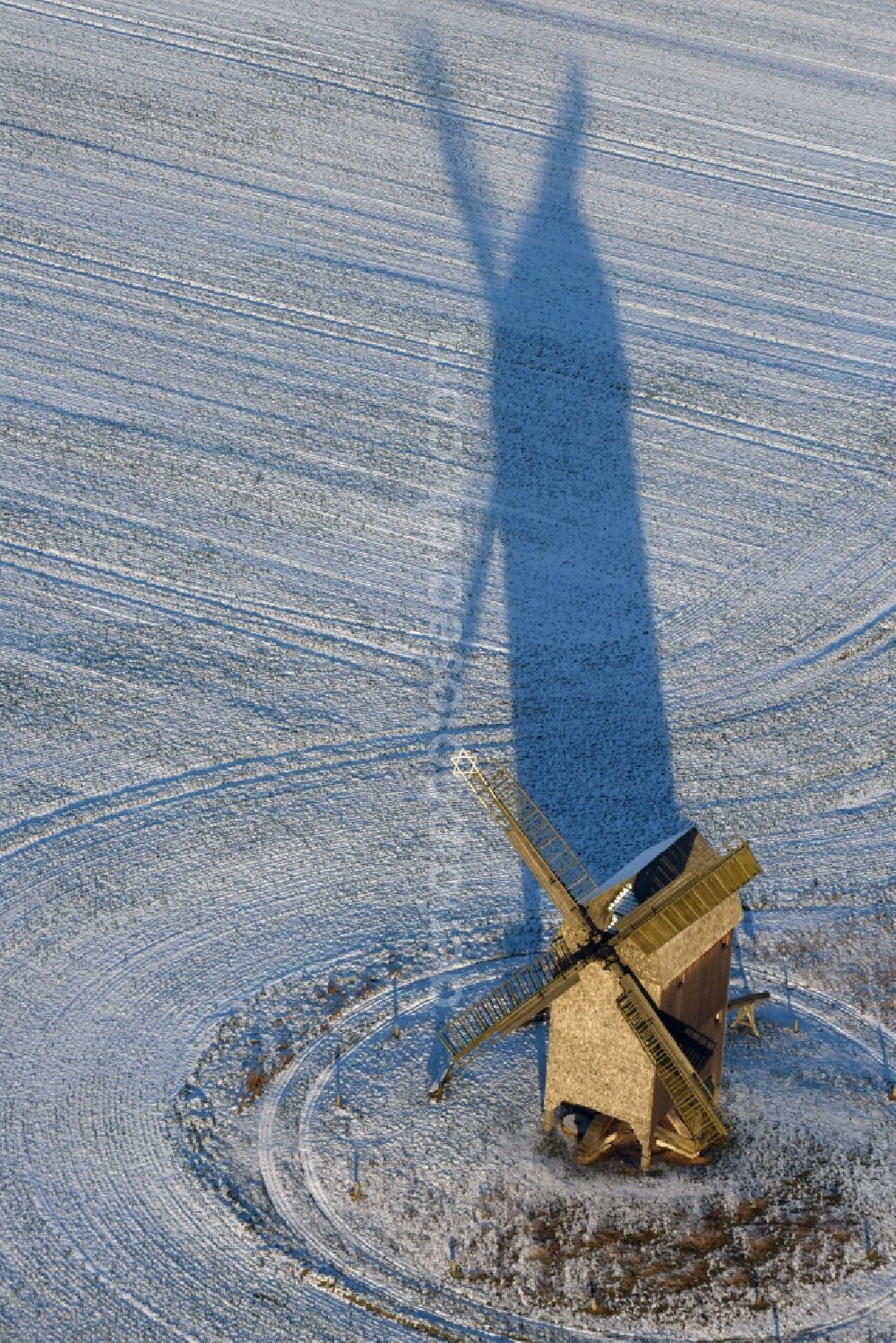 Beetzseeheide from above - Historic windmill on a farm homestead on the edge of cultivated fields in Ketzuer in the state Brandenburg