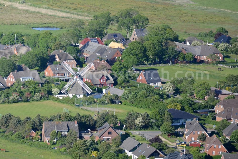 Aerial image Wrixum - Historic windmill on the farm restaurant The Mill on Hardesweg cultivated fields in Wrixum in Schleswig-Holstein