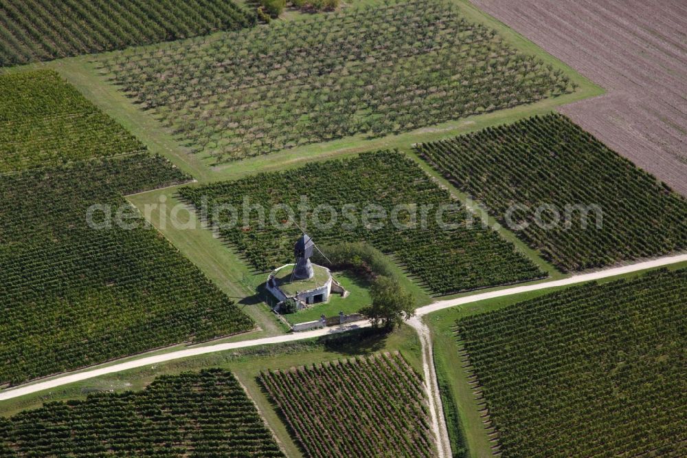 Montsoreau from above - Historic windmill on the edge of cultivated fields and vineyards in Montsoreau in Pays de la Loire, France