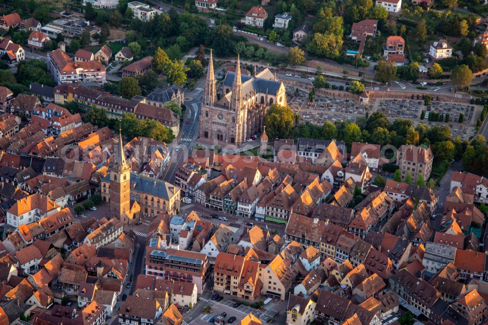 Obernai from above - Historic church complex Eglise Saints-Pierre-et-Paul on street Rempart Monseigneur Freppel in Obernai in Grand Est, France