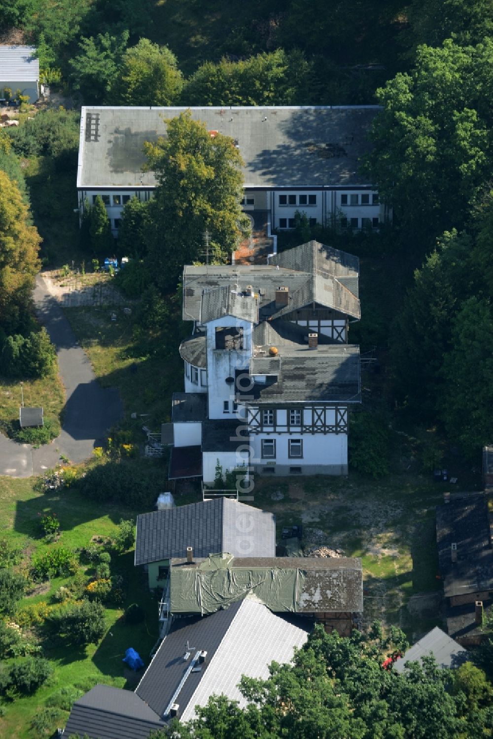 Hangelsberg from above - Historic residential building complex Villa Eichburg and Villa Krische in Hangelsberg in the state Brandenburg, Germany