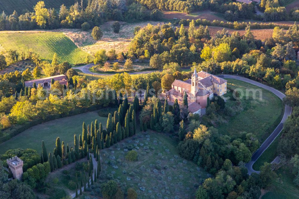 Chiesa Albinea from the bird's eye view: Historic church complex of Chiesa della Nativita della Beata Vergine Maria in Chiesa Albinea in Emilia-Romagna, Italy