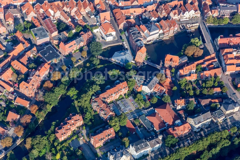 Aerial image Lüneburg - Historic Quays at the old port with Luener Muehle Restaurant & Vinothek in Lueneburg in the state Lower Saxony, Germany