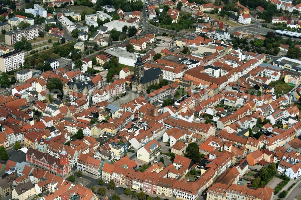 Aerial image Gotha - Historical city center with Margarethen Church on the Neumarkt square in Gotha in Thuringia, Germany