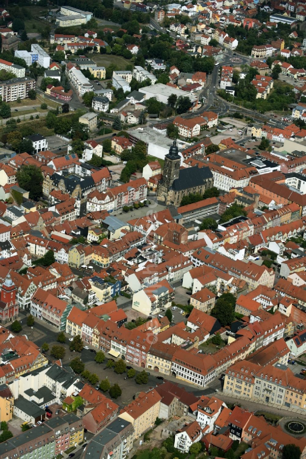 Aerial photograph Gotha - Historical city center with Margarethen Church on the Neumarkt square in Gotha in Thuringia, Germany