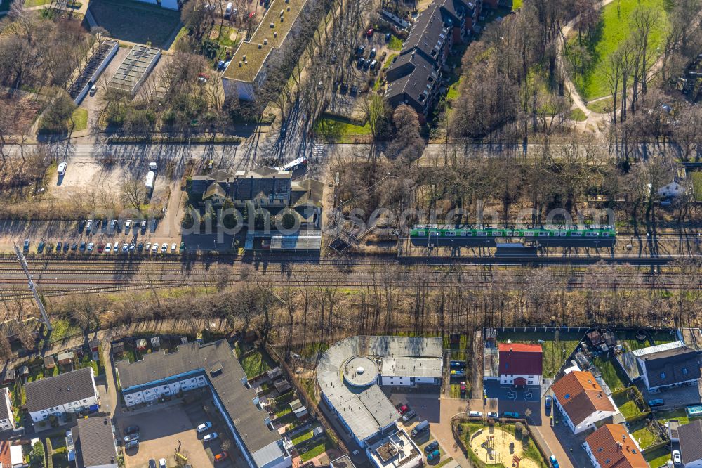 Aerial image Unna - Historic station building of the Deutsche Bahn Unna-Koenigsborn in Unna in the federal state North Rhine-Westphalia, Germany