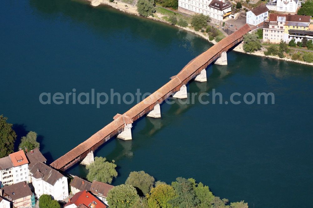 Bad Säckingen from above - The historic wooden bridge connects the German town of Bad Saeckingen in Baden -Wuerttemberg with the municipality Stein in Switzerland