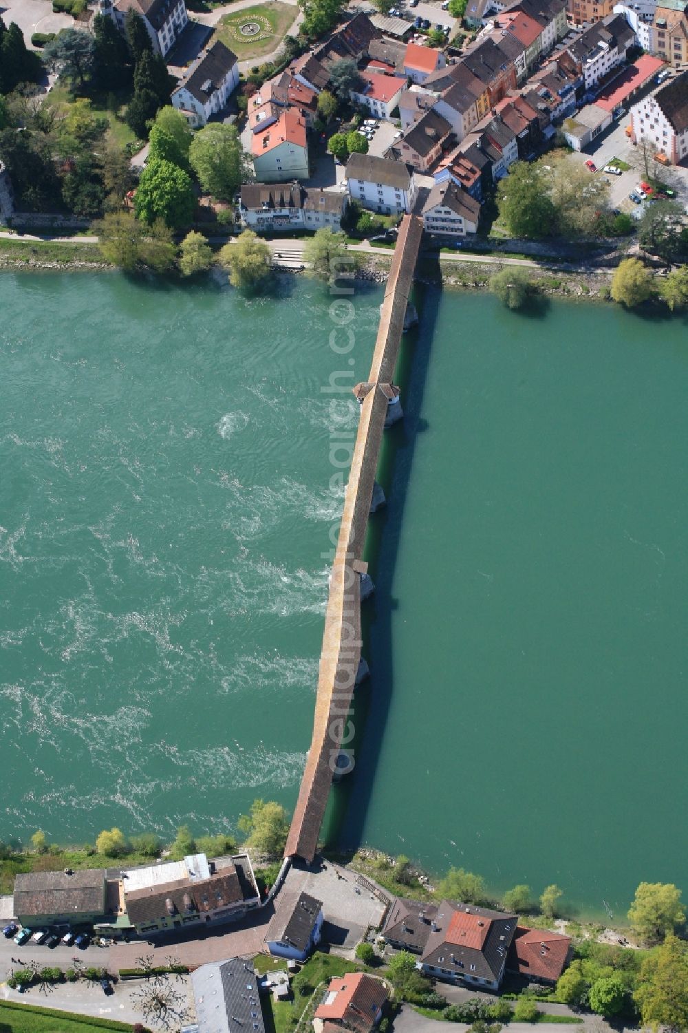 Bad Säckingen from the bird's eye view: The historic wooden bridge connects the German town of Bad Saeckingen in Baden -Wuerttemberg with the municipality Stein in Switzerland. Longest covered wooden bridge in Europe