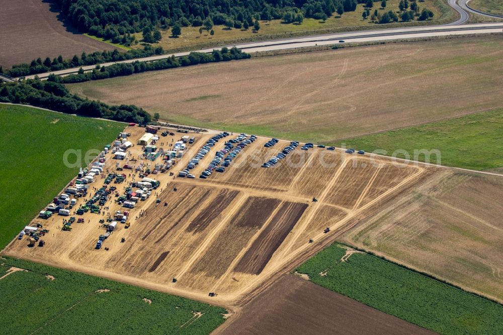 Düsseldorf from the bird's eye view: Historic harvest festival with tractor meeting of the tractor friends in Dusseldorf-Angermund in North Rhine-Westphalia