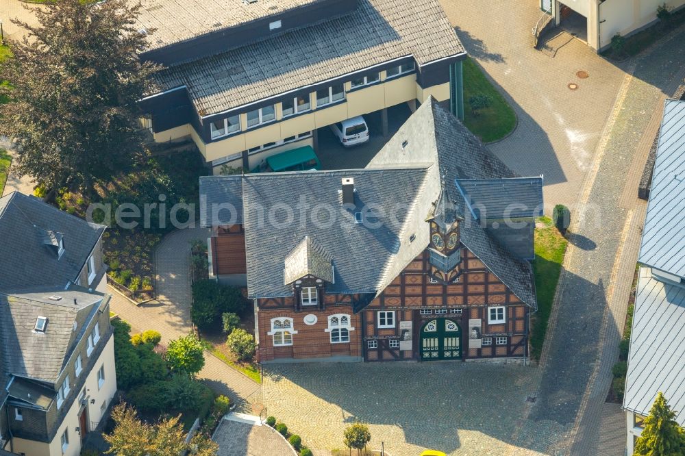 Olsberg from above - The historical half-timbered house, Kropff'sche Haus, in Olsberg, North Rhine-Westphalia, Germany. Today it is used as a children's home