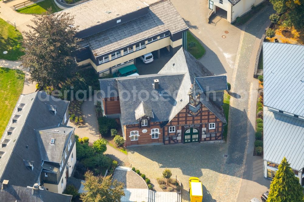 Aerial image Olsberg - The historical half-timbered house, Kropff'sche Haus, in Olsberg, North Rhine-Westphalia, Germany. Today it is used as a children's home