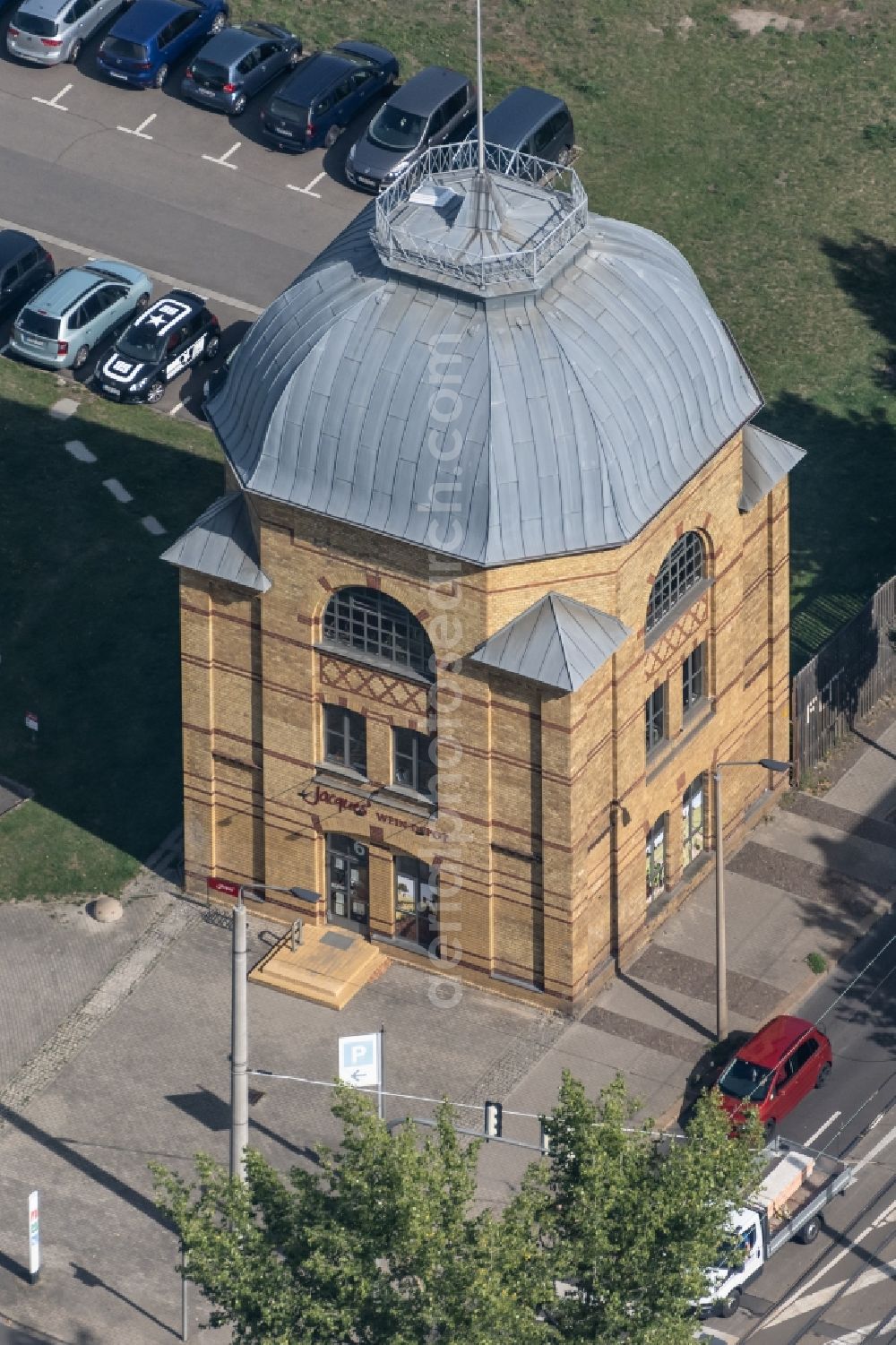 Leipzig from above - Historic building of the office building Jacquesa?? Wein-Depot on am Torgauer Platz in the district Schoenefeld in Leipzig in the state Saxony, Germany