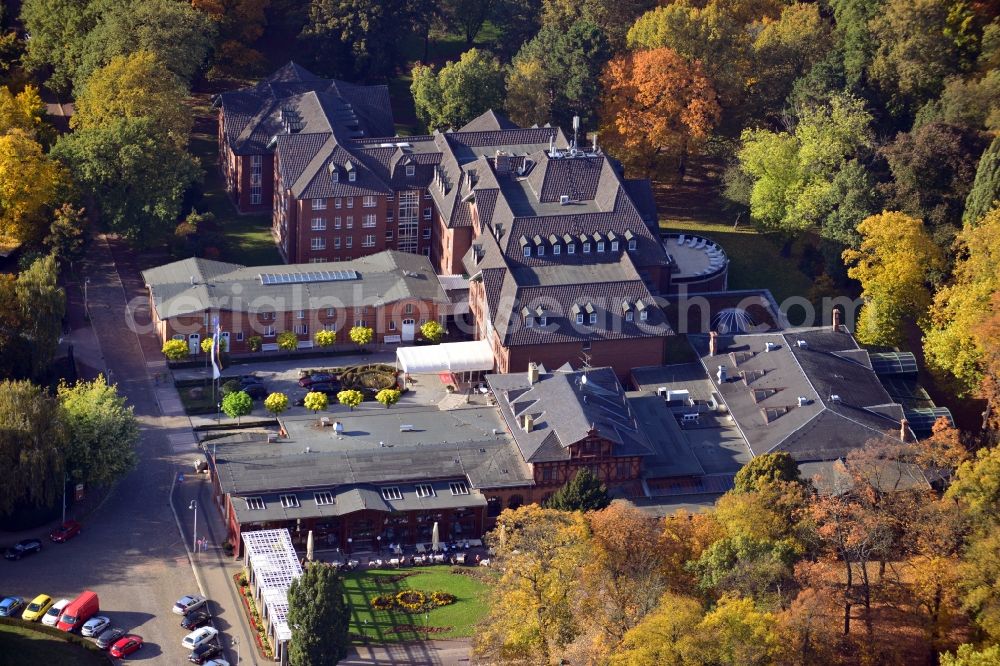 Aerial photograph Magdeburg - View of the historix Herrenkrug Parkhotel at the Elbe in Magdeburg in the state Saxony-Anhalt