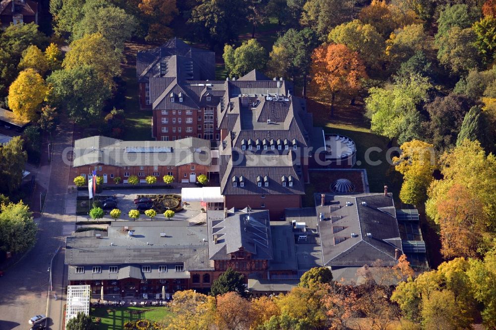 Magdeburg from above - View of the historix Herrenkrug Parkhotel at the Elbe in Magdeburg in the state Saxony-Anhalt