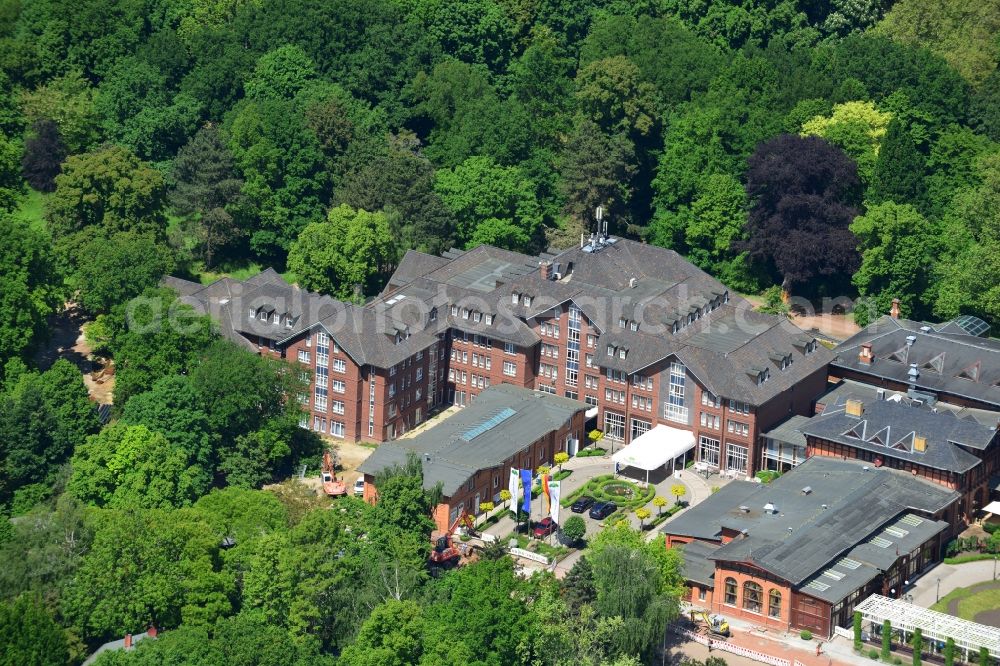 Magdeburg from above - View of the historix Herrenkrug Parkhotel at the Elbe in Magdeburg in the state Saxony-Anhalt