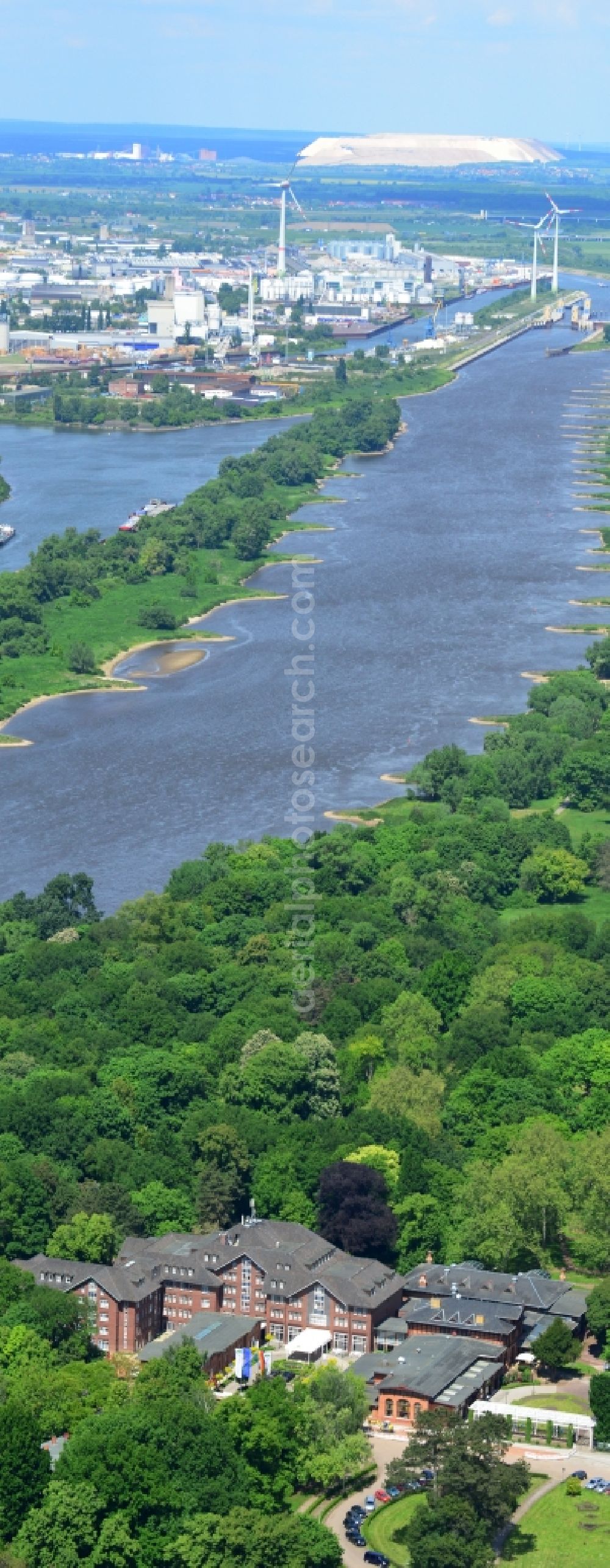 Magdeburg from above - View of the historix Herrenkrug Parkhotel at the Elbe in Magdeburg in the state Saxony-Anhalt