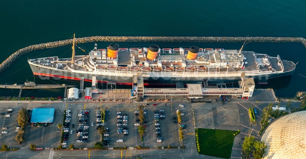 Aerial photograph Long Beach - Historic cruise and passenger ship (a Hotel today) The Queen Mary in Long Beach in California, USA