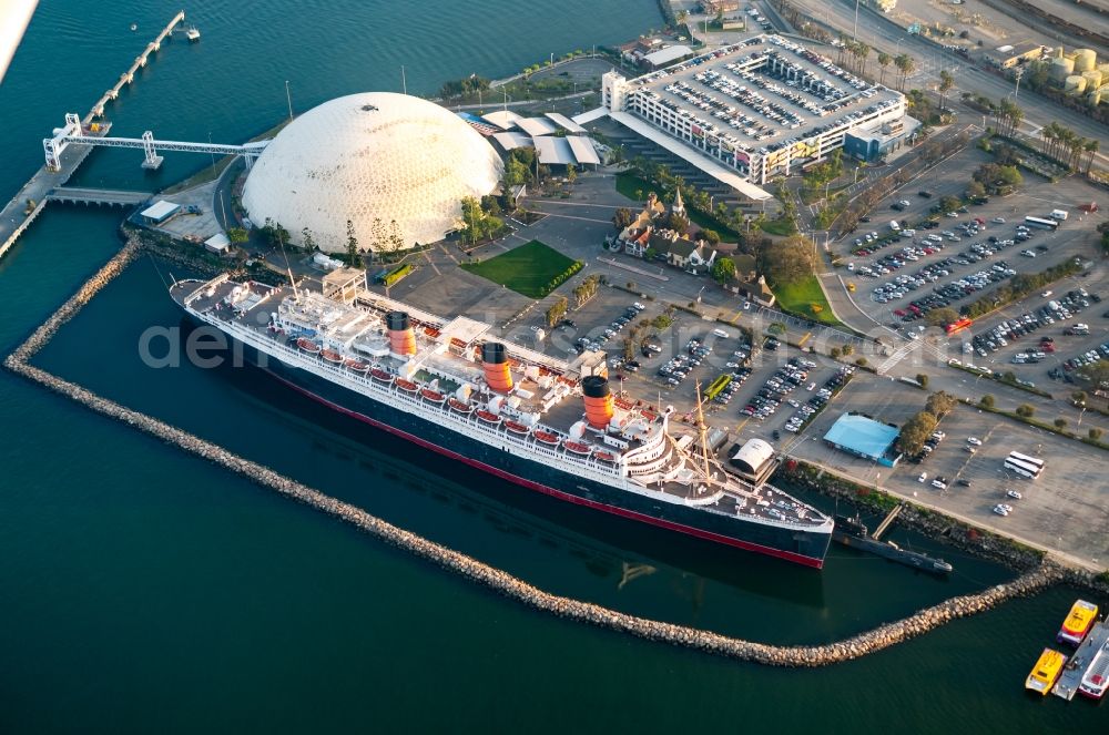 Aerial photograph Long Beach - Historic cruise and passenger ship (a Hotel today) The Queen Mary in Long Beach in California, USA