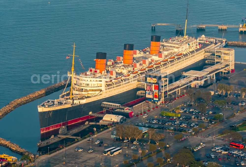 Long Beach from above - Historic cruise and passenger ship (a Hotel today) The Queen Mary during sunset in Long Beach in California, USA