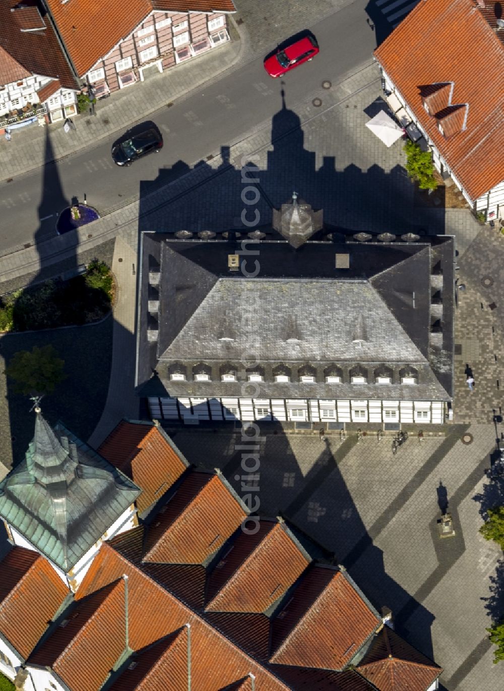 Rietberg from above - Historical City Hall of Rietberg and building the Catholic parish church of St. John Baptist in the center of Rietberg in East Westphalia in North Rhine-Westphalia