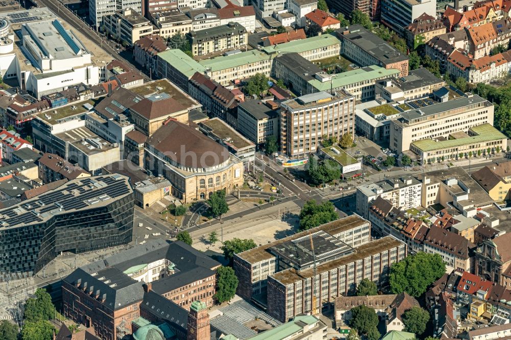 Freiburg im Breisgau from above - Opera house historisches Stadttheater and Universitaets Gebaeude in Freiburg im Breisgau in the state Baden-Wuerttemberg, Germany