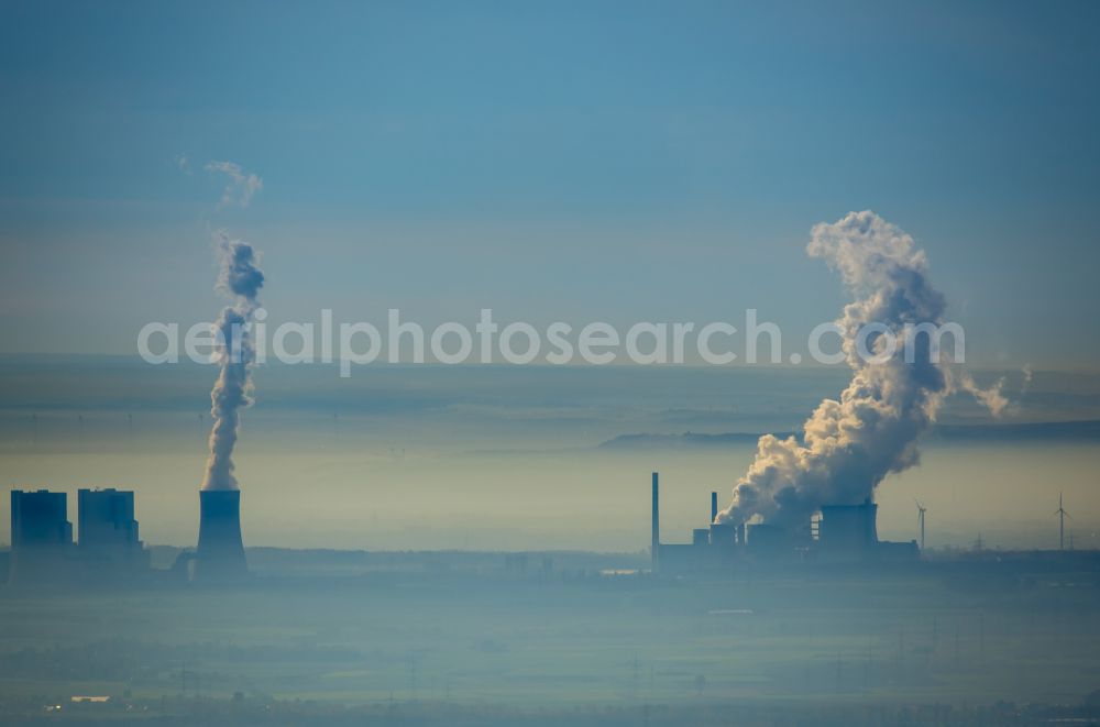 Grevenbroich from above - Building and hall construction of the HKW combined heat and power plant and coal-fired power plant RWE Power AG in the district Frimmersdorf in Grevenbroich in the state North Rhine-Westphalia, Germany