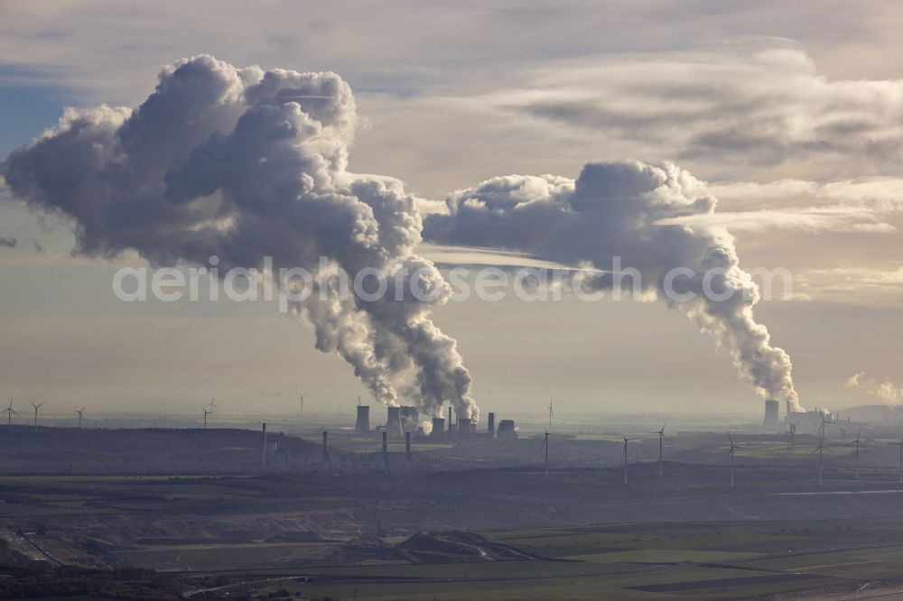 Grevenbroich from the bird's eye view: Building and hall construction of the HKW combined heat and power plant and coal-fired power plant RWE Power AG in the district Frimmersdorf in Grevenbroich in the state North Rhine-Westphalia, Germany