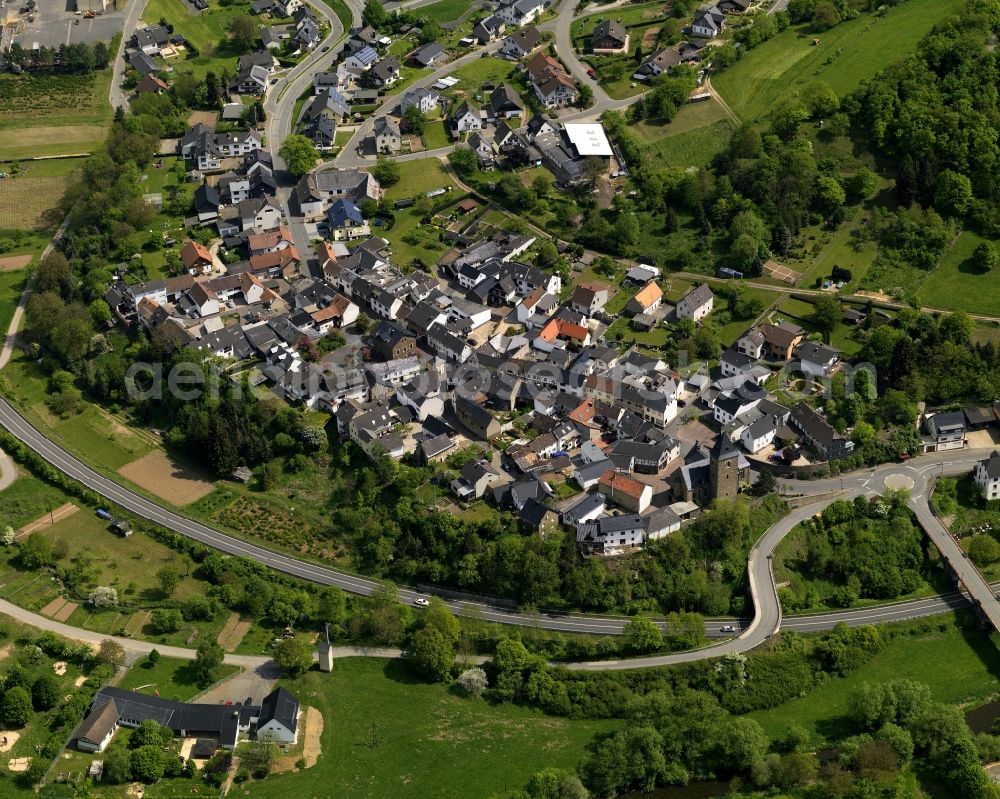 Hönningen from above - Hoenningen in Rheinland Pfalz. The village lies on the river Ahr and the road L257