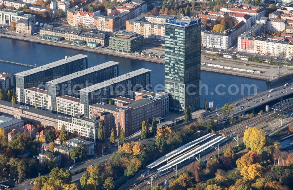 Berlin from the bird's eye view: View of the roof of the Allianz-Tower in the district Treptow of Berlin. The Allianz-Tower belongs to the building complex Treptowers. Allianz is a german multifunctional financial services company