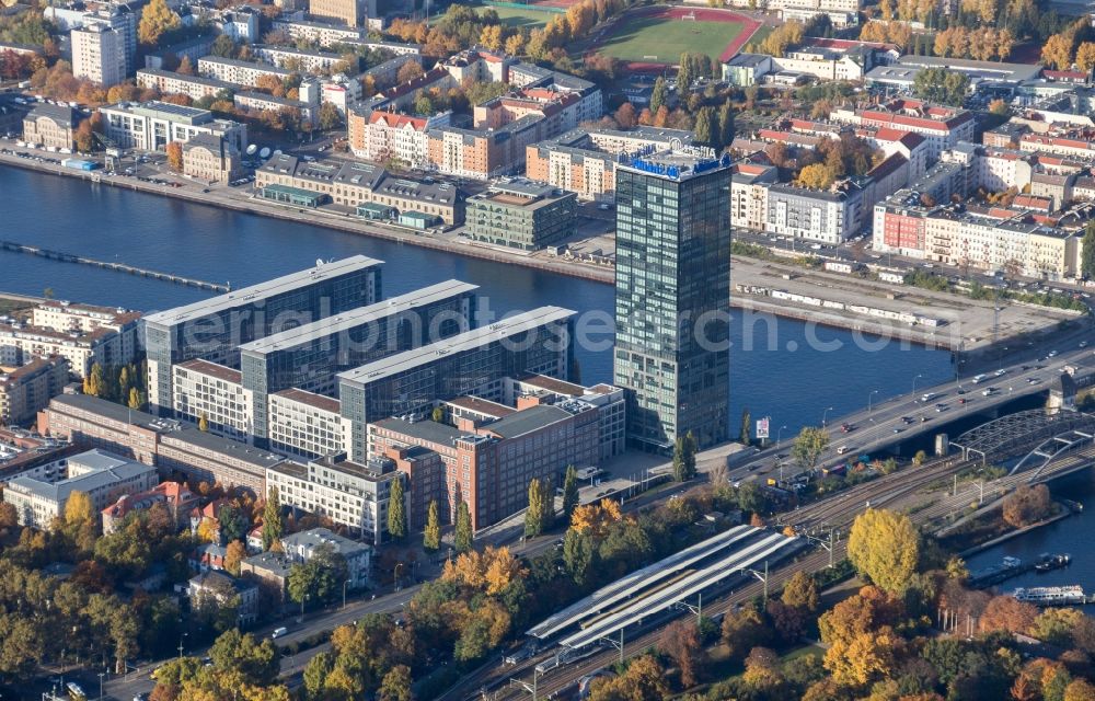 Aerial image Berlin - View of the roof of the Allianz-Tower in the district Treptow of Berlin. The Allianz-Tower belongs to the building complex Treptowers. Allianz is a german multifunctional financial services company